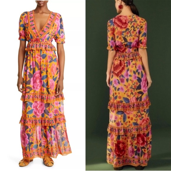 FARM RIO Yellow Pink & Blue Tropical Floral Dream V
Neck Tiered Frill Maxi Dress - Picture 15 of 15